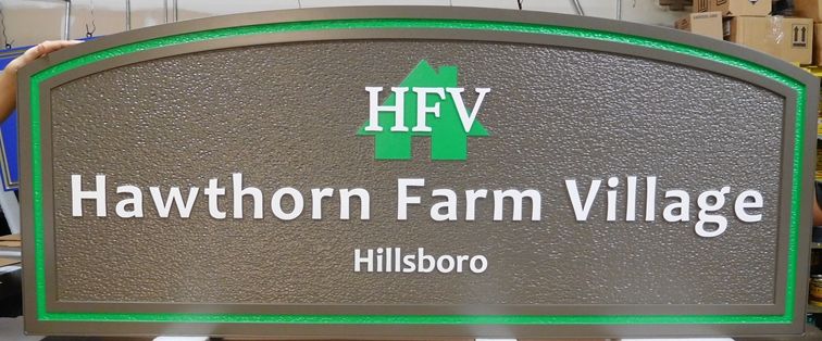 K20213 - Carved HDU Entrance Sign for  the "Hawthorn Farm Village," with Sandblasted Background Painted in Natural Colors