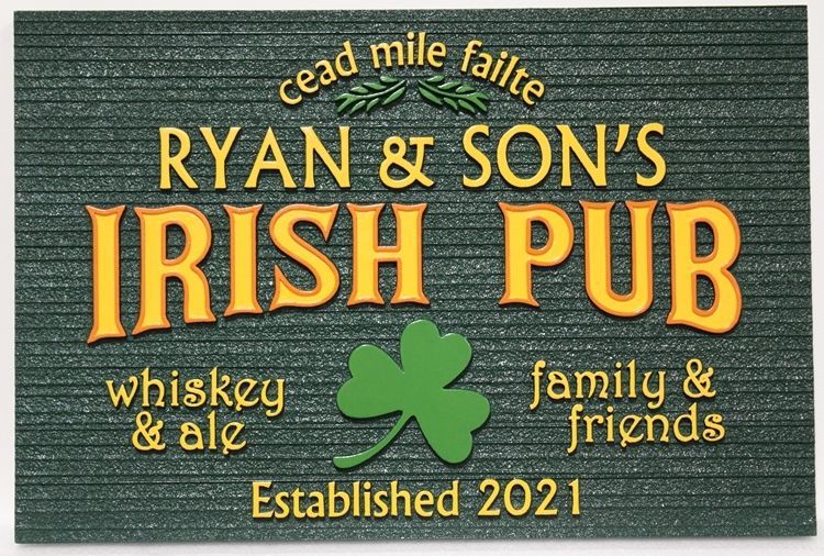 RB27569 - Carved 2.5-D and Sandblasted Wood Grain Sign for "Ryan & Son's  Irish Pub" , with a Shamrock as Artwork