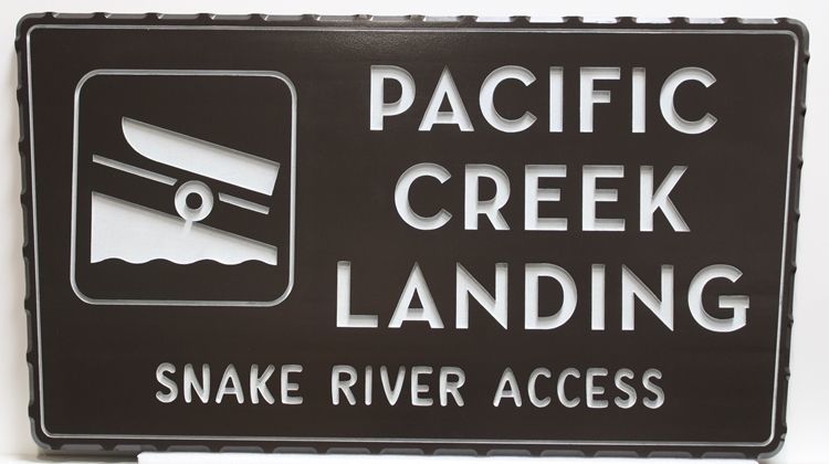 G16246 - Engraved Color Core HDPE Sign for Pacific Creek Landing, with the Silhouette of a Boat on a Trailer  Artwork. 
