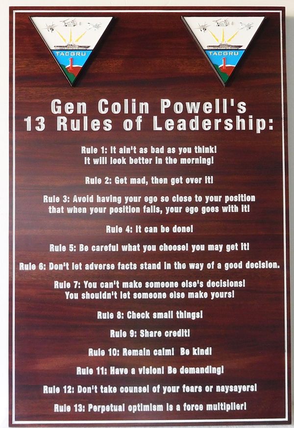 JP-1650 - Carved Plaque of Colin Powell Quotation, for Navy TACRON 12,    Engraved Text in Cedar Wood with Artist Painted Emblems