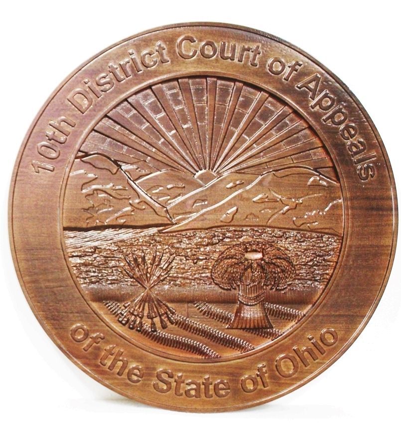 GP-1372 - Carved 3-D Bas-Relief Mahgany Wood Plaque of the Seal of the 10th District Court of Appeals, State of Ohio