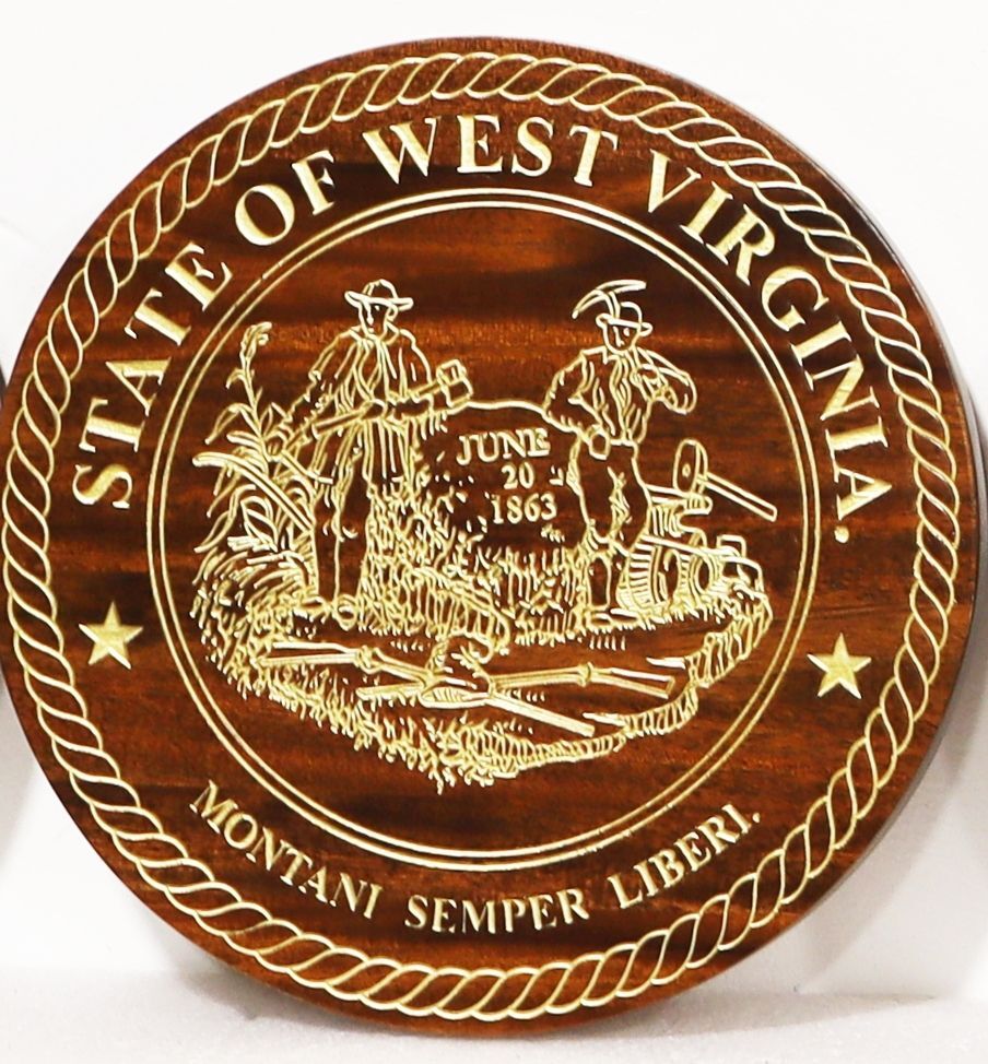 BP - 1555 - Engraved  Mahogany Wood Plaque of the Great Seal of the State of West Virginia, with Light Brass Painted Engraved Areas