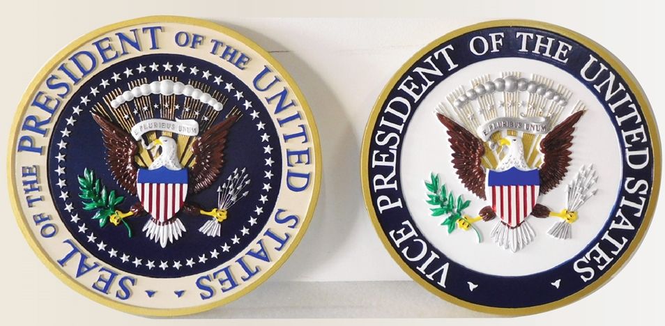 AP-1175-  Carved Plaques of the Seals of the President & VP, United States, Artist Painted 