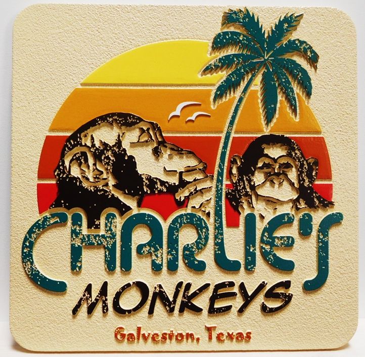 L21068 - Carved Seacoast Home Sign "Charlies Monkeys" with Palm Tree on Beach