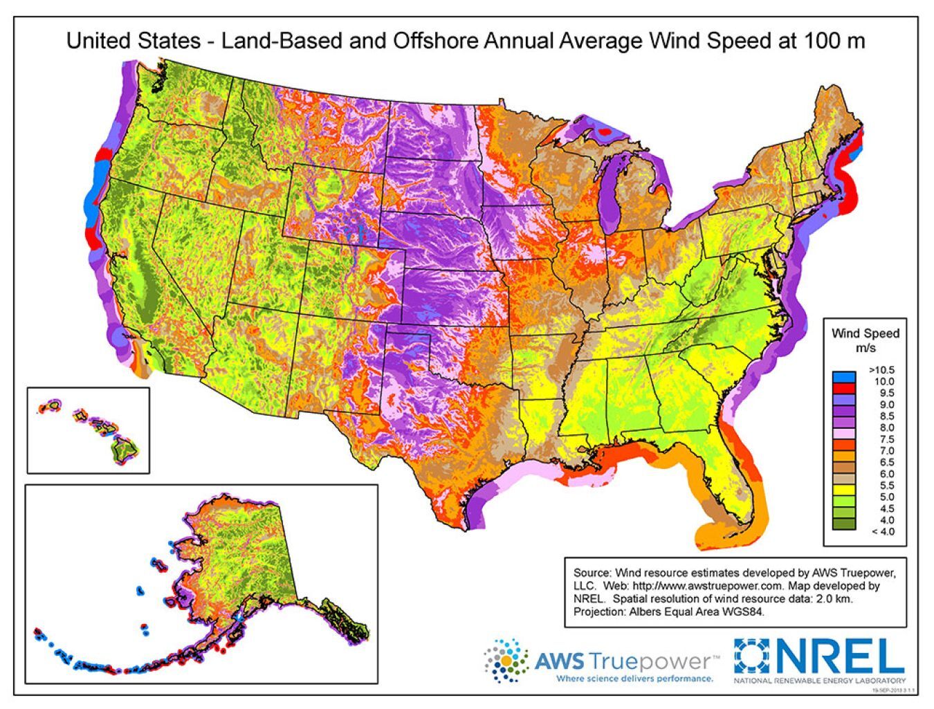 Map of the United States created by the National Renewable Energy Laboratory (NREL) depicting wind speeds at 100 meters above ground across the country