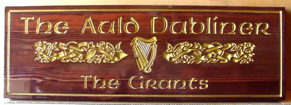 RB27554 -  Carved and Engraved  Redwood  “The Old Dubliner” Wall Plaque, with Irish Harp in 24K Gold Leaf