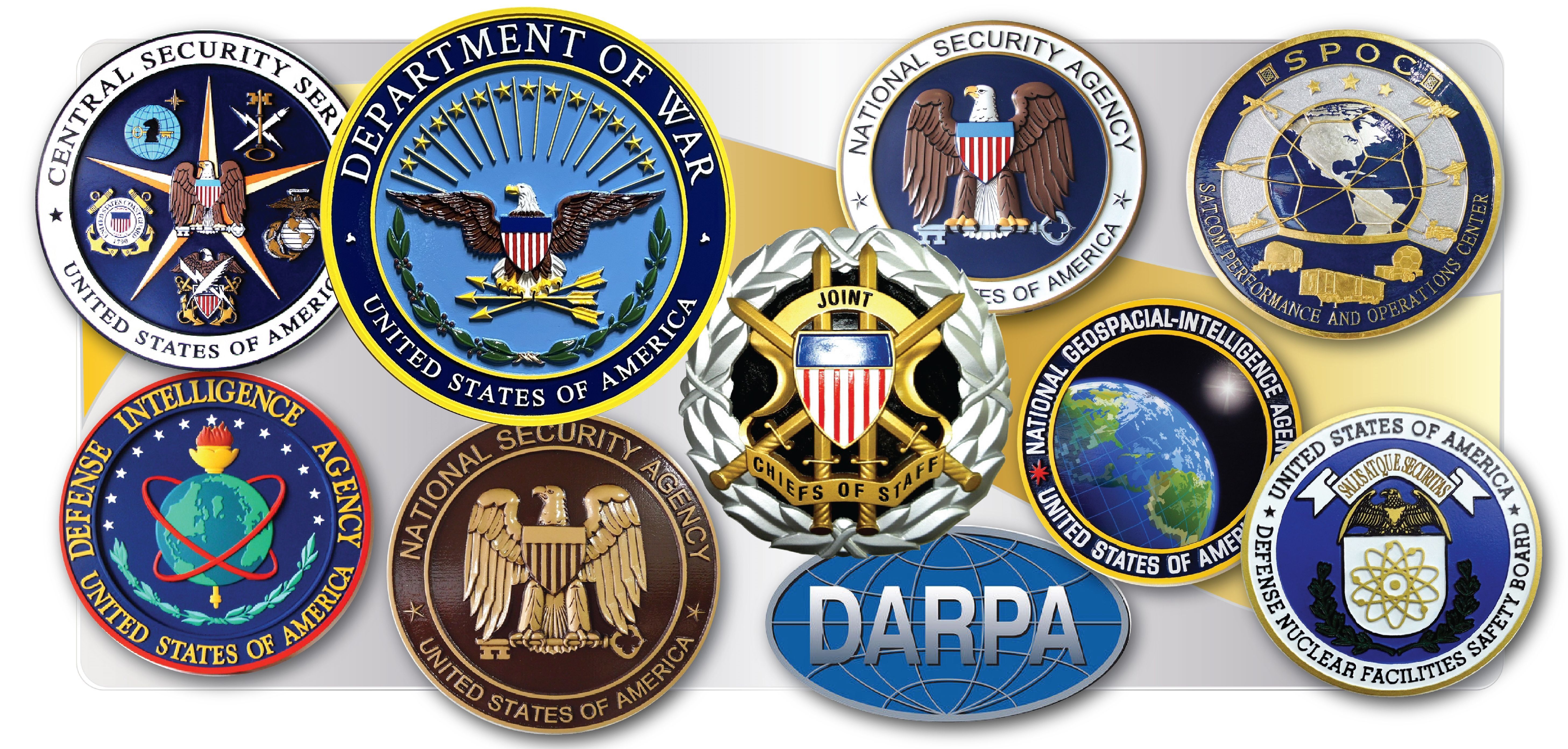 U.S. Intelligence and Defense Agency Seal Collection – A detailed array of official emblems representing top national security and intelligence organizations, including the Department of Defense, NSA, DIA, DARPA, NGA, and others