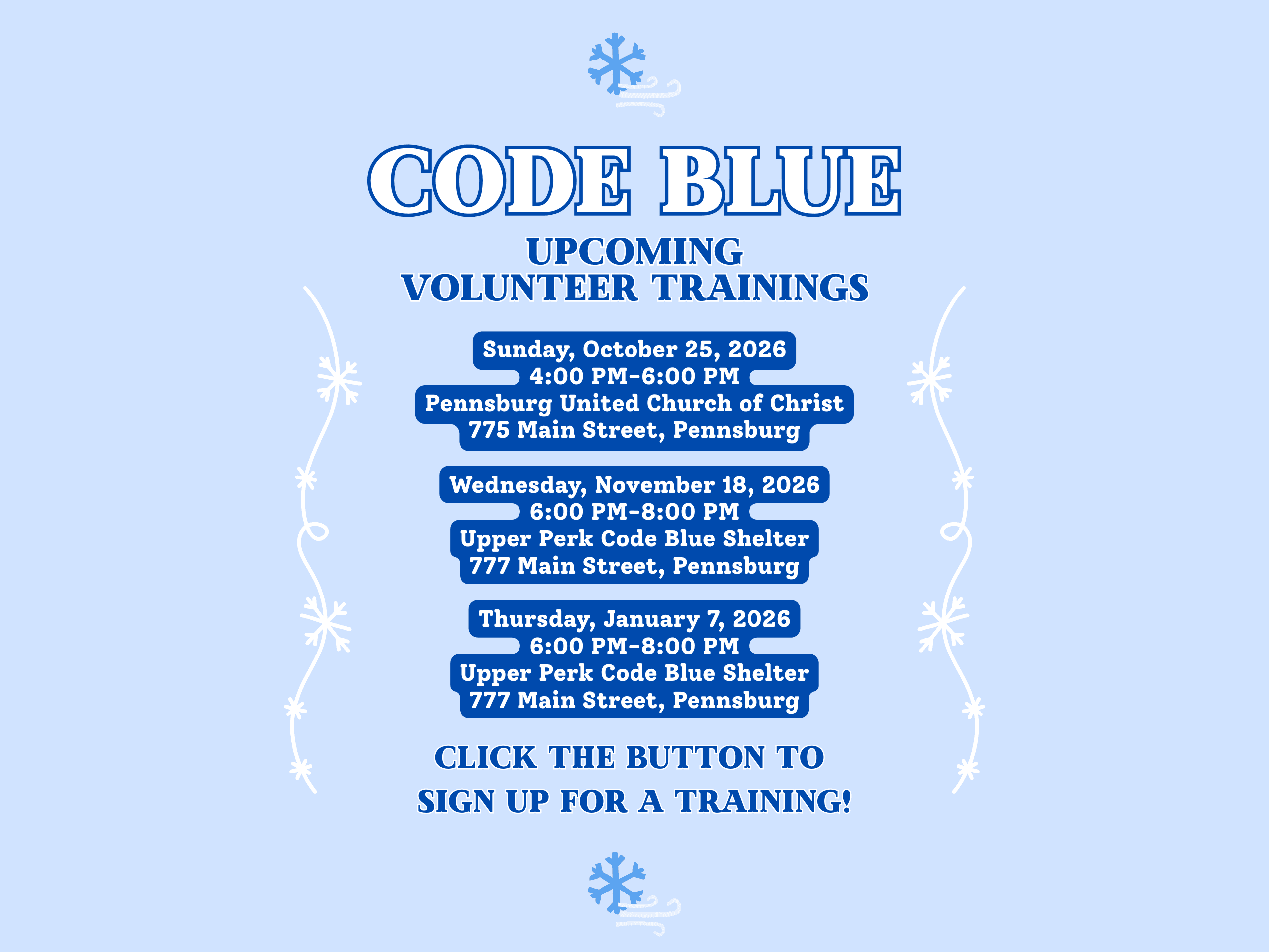 Upcoming Code Blue Volunteer Trainings