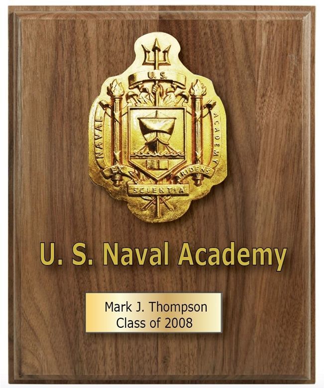 JP-2367 - Carved 3-D Bas-relief HDU Seal of US Naval Academy at Annapolis, Mounted on a Wood Plaque with an Engraved Brass Plate with Name of Academy Graduate