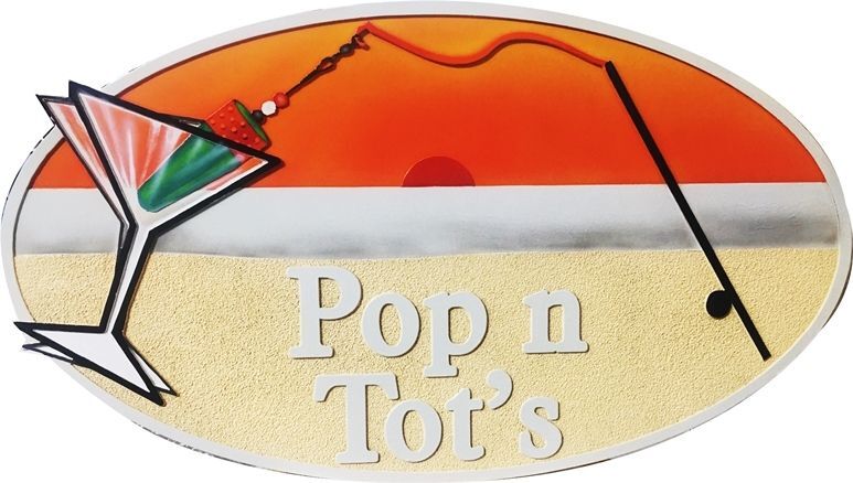 L21353 - Carved Beach House Sign, "Pop N' Tots” , featuring a Martini Glass, a Fishing Rod, a Beach, and a Sunset