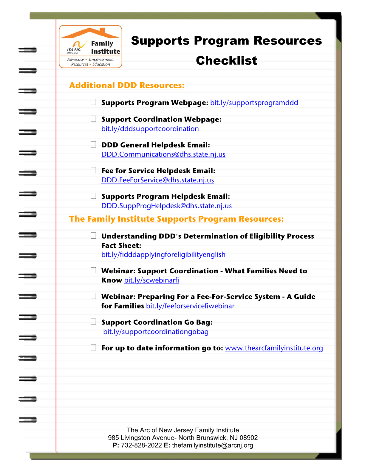 Supports Program Resources Checklist
