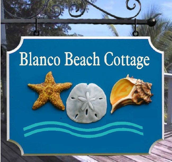 L21504 - Carved 3-D "Blanco Beach Cottage" Sign with Carved Starfish, Sand Dollar and Conch Shell