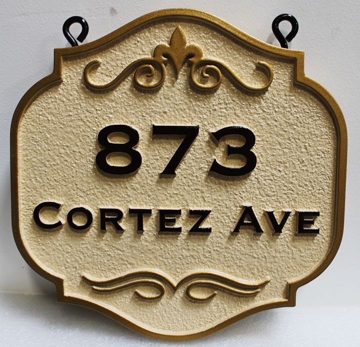 I18825A-  Elegant Carved HDU Strret Address Number and Name Hanging Sign, 2.5-D