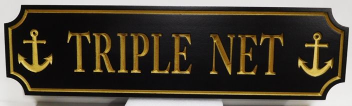 L21899 - Engraved Quarterboard Sign "Triple Net" for a Coastal Residence, with 24K Gold-Leaf Gilding