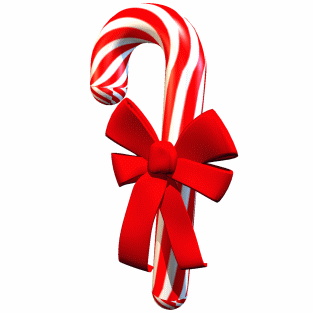 A picture of a cartoon red and white striped candy cane with a red ribbon wrapped around it