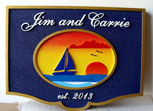 L21258 - Carved HDU Seaside  Residence Name  Sign, with Sailboat and Sunset