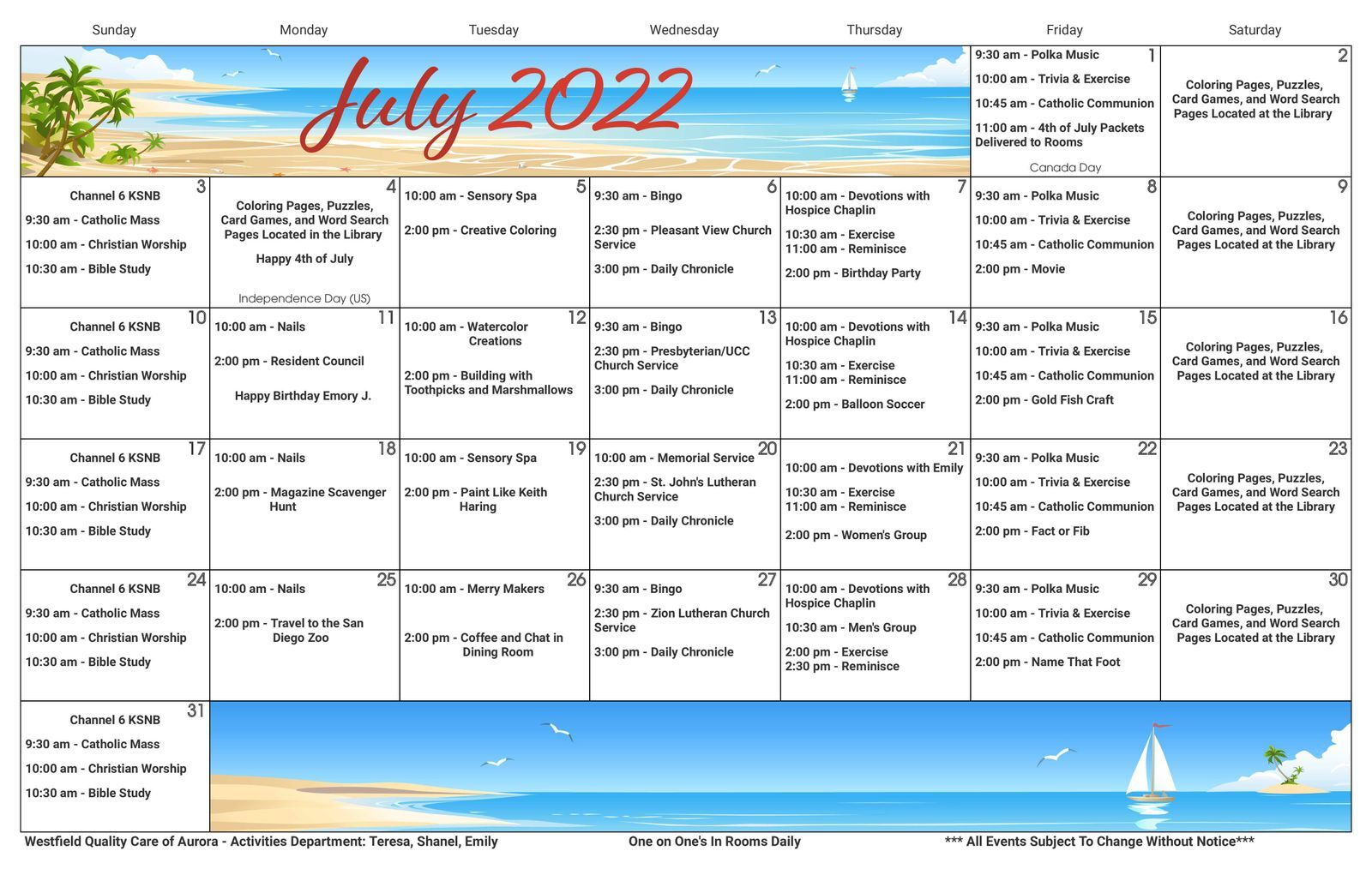 Activity Calendar Resources Westfield Quality Care of Aurora