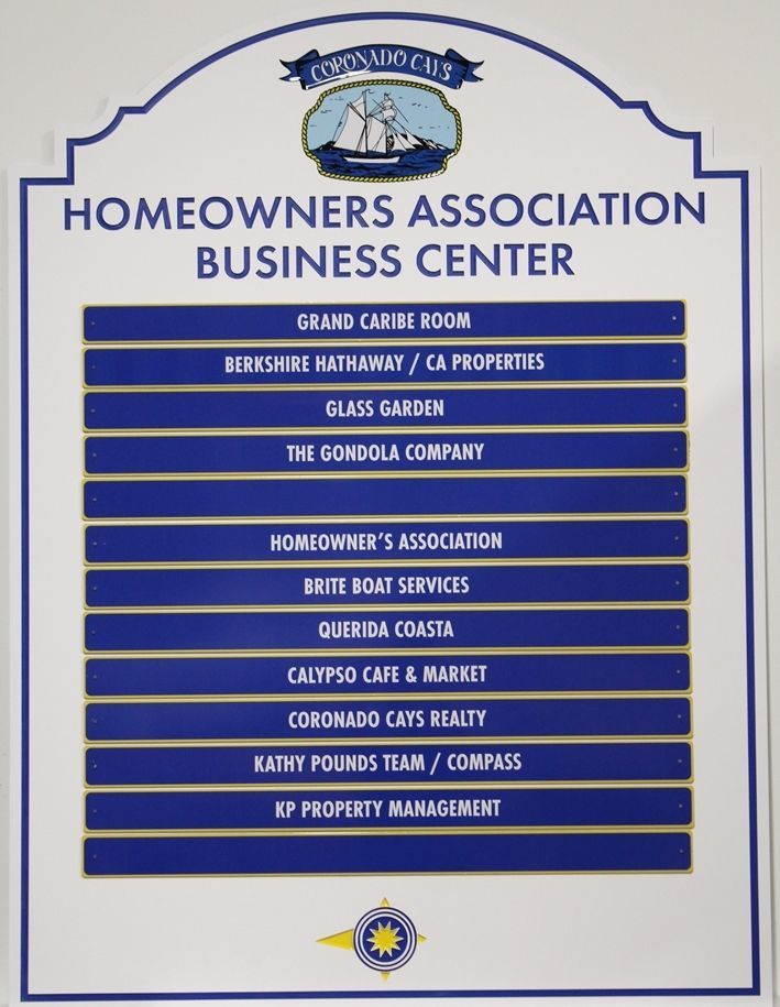 S28396 - Engraved HDU Business Directory Sign for the Coronado Cays Homeowners Association Business Center, with Replaceable Nameplates 