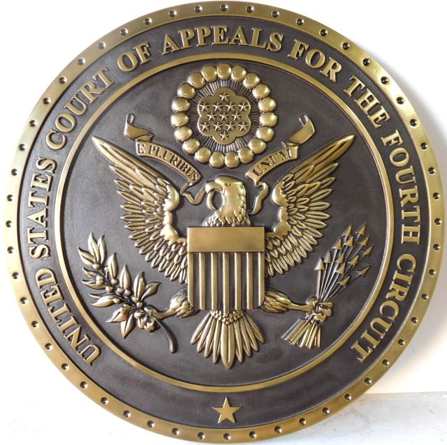 U30159 - Carved 3-D Brass Metal Wall Plaque for Seal of US Court of Appeals, Fourth Circuit
