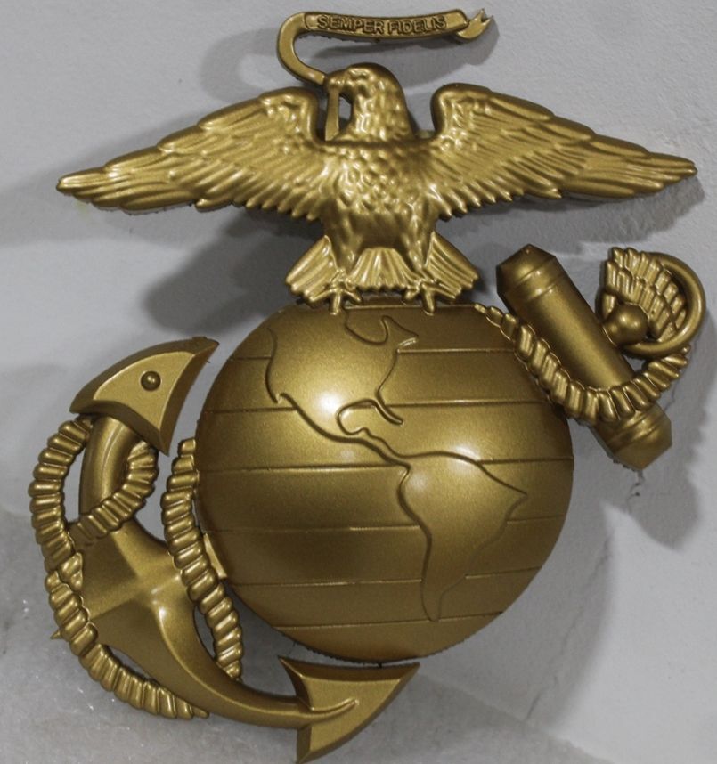 KP-1236 -- Carved  Plaque of the Globe and Eagle Emblem of the US Marine Corps, 3-D Bas-Relief, Plated with Bronze Metal and Polished