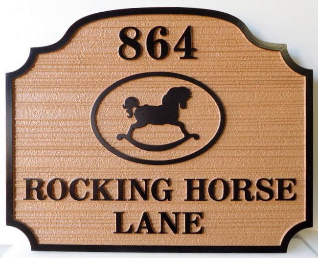 I18768 - Carved and Sandblasted HDU Address Sign, with Rocking Horse Artwork