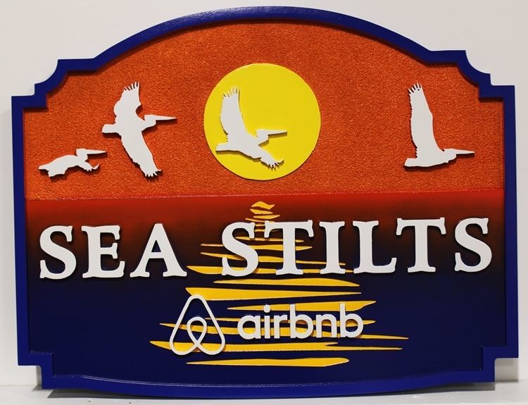 L21239 - Carved HDU Coastal Residence Name Sign , "Sea Stilts", with  a Dark  Ocean, a Setting Sun, and Seagulls as Artwork 