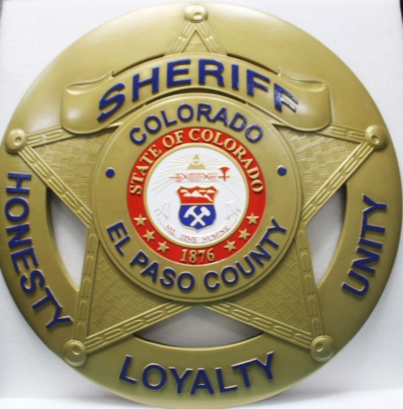 PP-1607- Carved 3-D HDU Plaque of the Star Badge of Badge of the Sheriff of El Paso County, Colorado