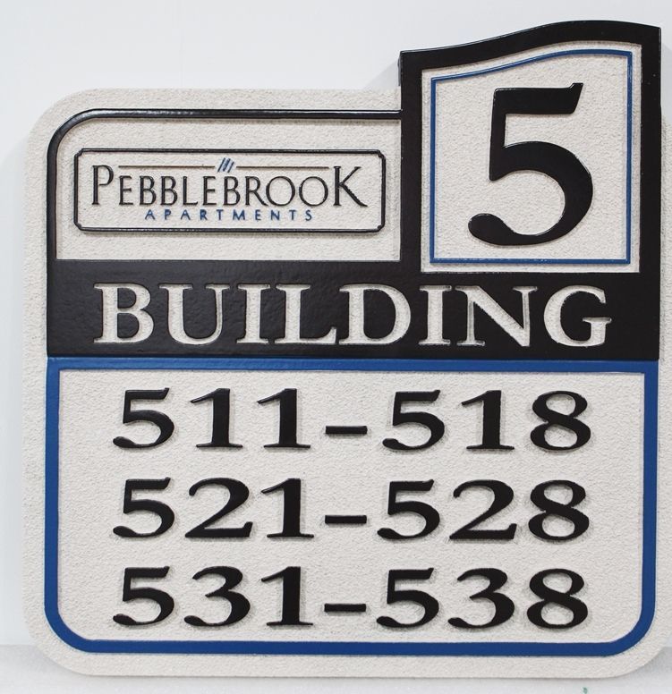 KA20855A - Carved Raised and Engraved Relief High-Density-Urethane (HDU) sign of building and unit numbers for  Pebblebrook Apartments.