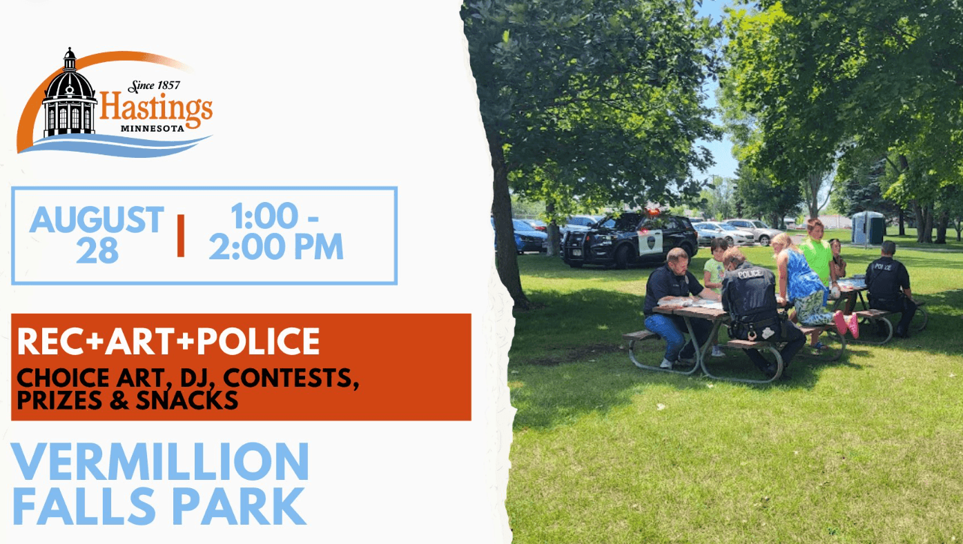 Kids and police officers working on projects at a park table, text rec plus art plus police, choice art, dj, contest, prizes and snacks, vermillion falls park, august 28, 1 to 2 pm