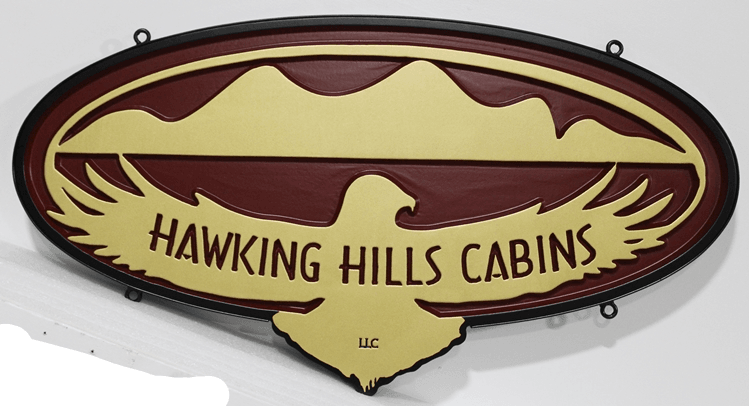 M22832A - Engraved  HDU  Sign for "Hawking Hills Cabins", with a Stylized Hawk as Artwork