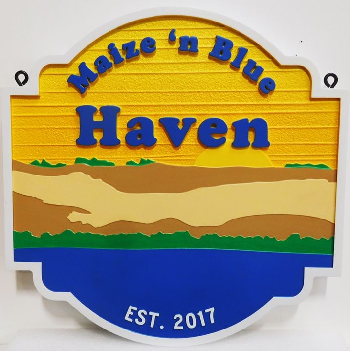 L21228 - Carved and Sandblasted  Coastal Residence Sign "Maize 'n Blue", with Water, Sand Dunes, Trees, and Setting Sun as Artwork