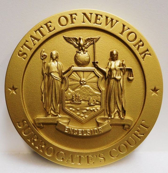 BP-1375- Carved State Seal of New York, 3-D Painted with Metallic Brass