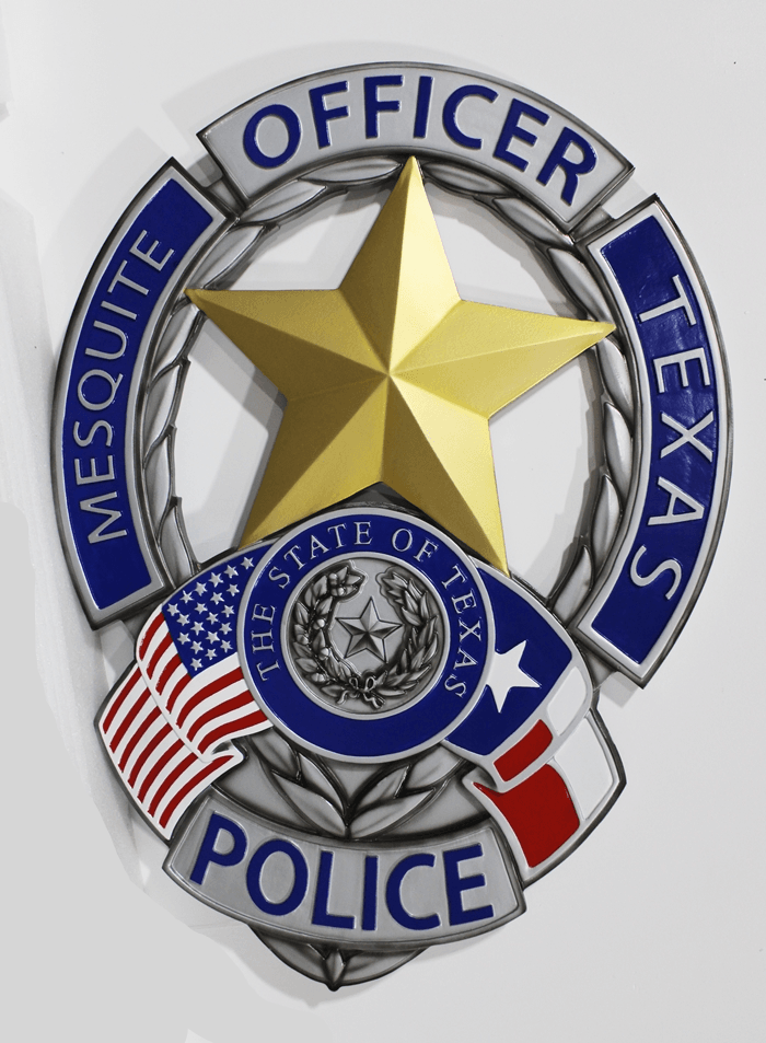 PP-1765 - Carved 3-D HDU Plaque of the Badge of a Police Officer, Mesquite, Texas