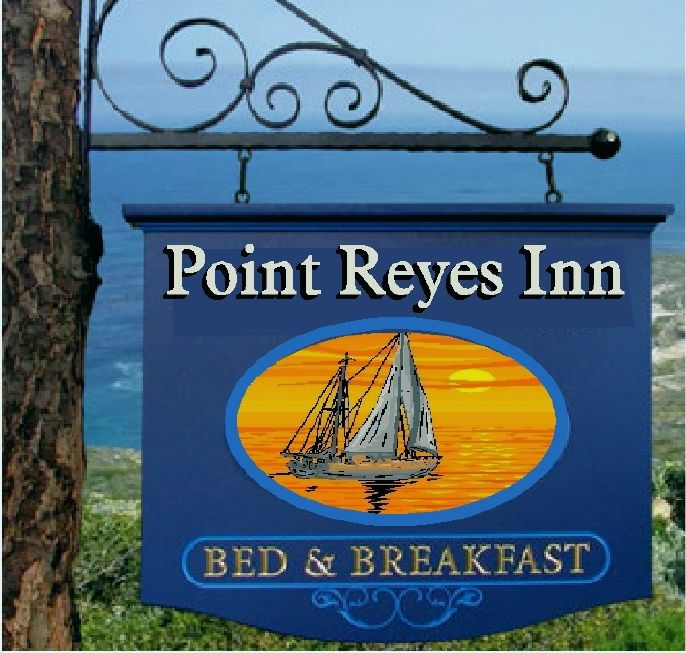 L21266 - Carved Sign for "Point Reyes Inn",  with Sailboat at Twilight 