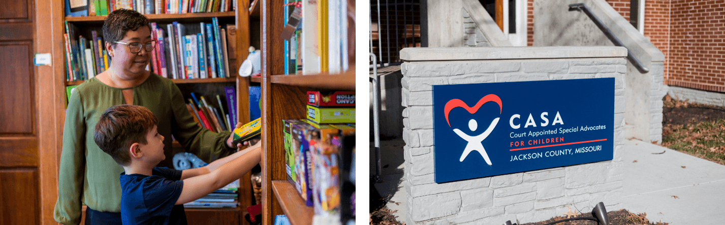 Two photos side by side. Volunteer with child and outside of CASA house