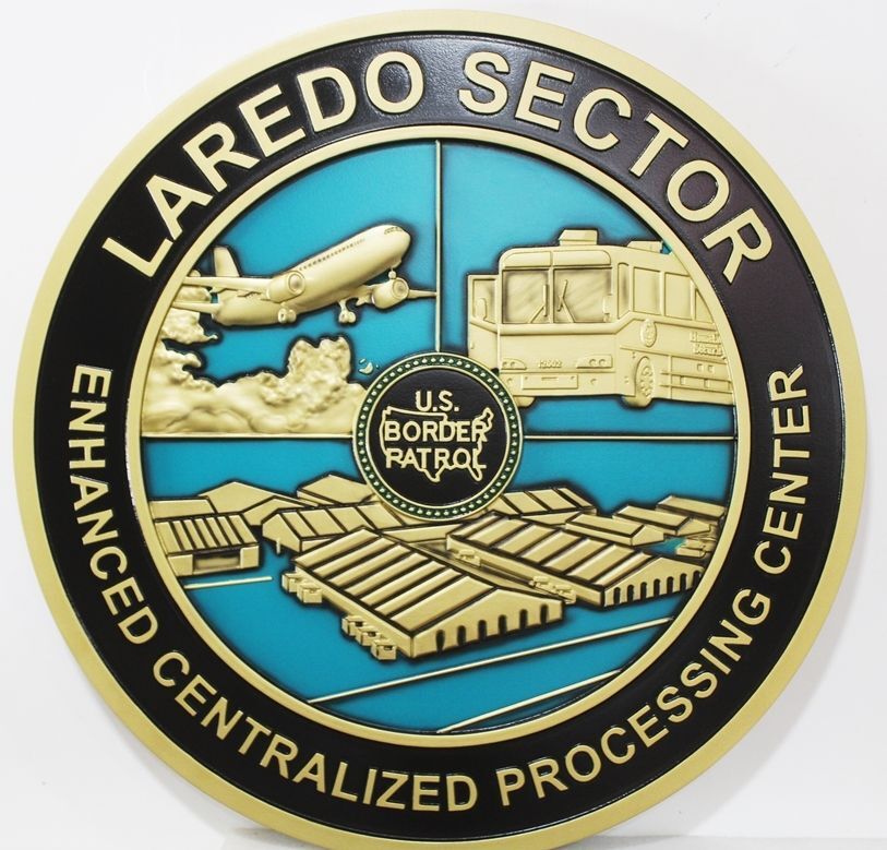 AP-4071 - Carved 3-D  Bas-Relief Artist-Painted Plaqie of the Seal of the Enhanced Centralized Processing Center for the Laredo  Sector of the US Border Patrol.