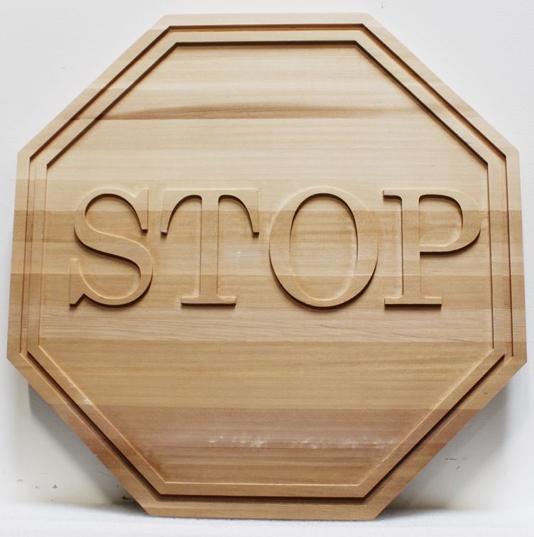 H17182 -  Carved  2.5-D Raised Relief Cedar Wood  STOP Sign 