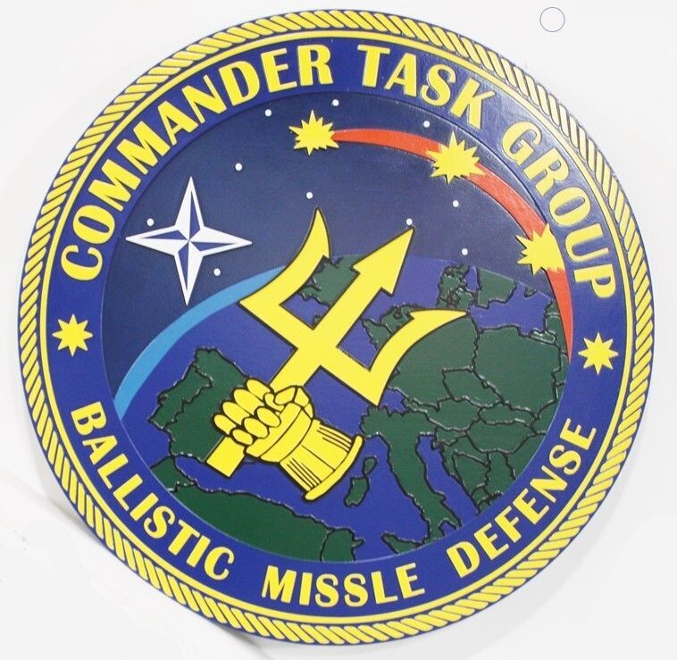JP-1221 - Carved 2.5-D Multi-level Raised Relief HDU Plaque of the                         Insignia / Crest of the Commander Task Force, Ballistic Missile Defense, US Navy