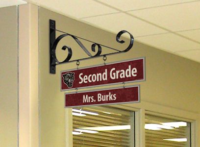 Teacher sign hanging on metal bracket, room sign with school logo, custom signs, school signs