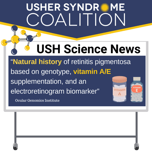 USH Science News: "Preclinical trial of the antioxidant compound hexafluoro in a zebrafish model of Usher syndrome type 1F." There's a small image of a DNA molecule.