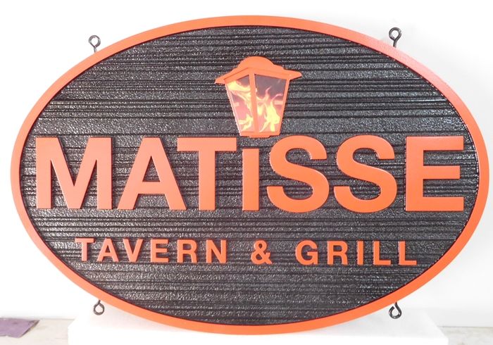 RB27669 - Custom Carved and Sandblasted Wood Grain  "Matisse Tavern and Grill" Sign, with Lantern as Artwork