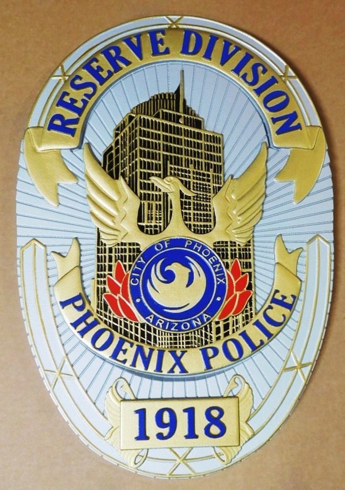 PP-1475 - Carved Plaque of the Badge of the Reserve Division of the Police of Phoenix, Arizona, Artist-Painted