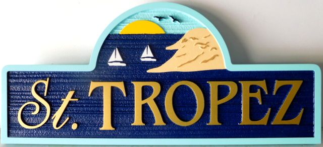 L21310 - Carved & Sandblasted Sign for a Coastal  Residence " St. Tropez", with Scene of Sailboats Near Mountain.